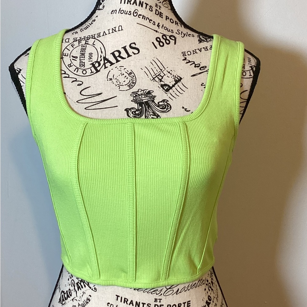 FESTIVAL TIME VIBRANT LIME GREEN SQUARE NECK CORSET CROP TOP WOMENS SZ SMALL
